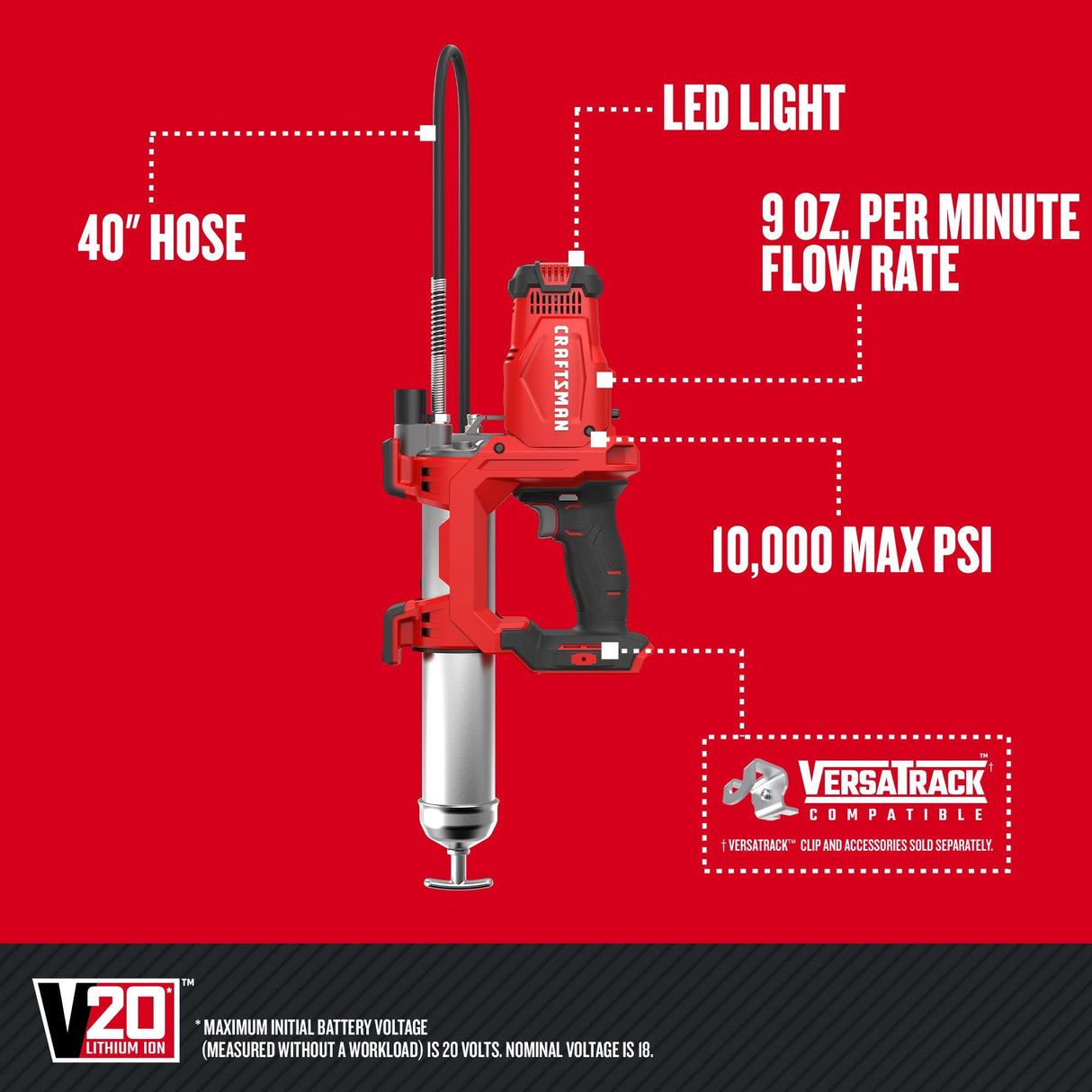 CRAFTSMAN V20 Grease Gun, Cordless, 40" Hose, 10,000 Max PSI, Bare Tool Only (CMCGG001B) CRAFTSMAN