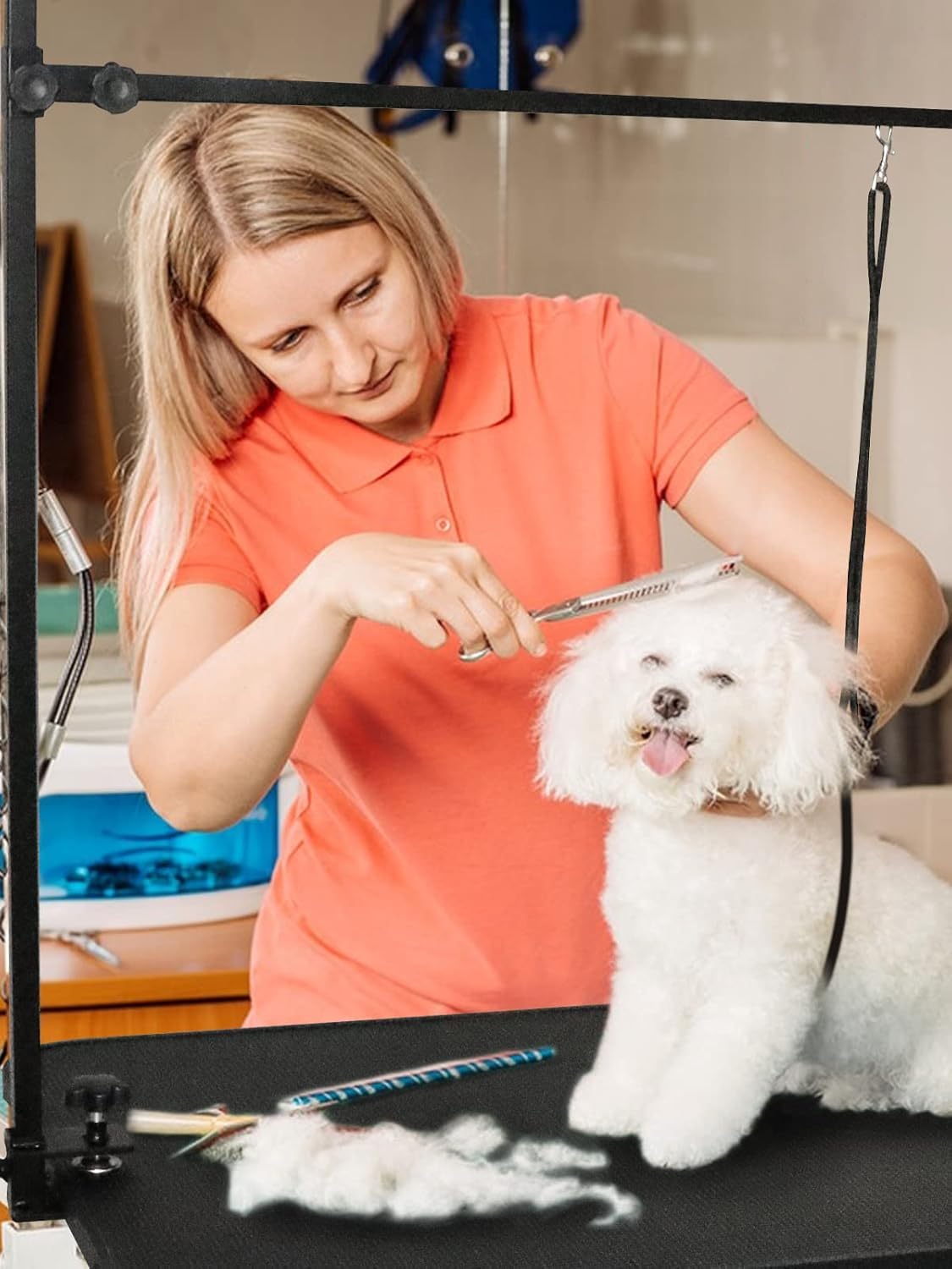Kalolary Electric Pet Grooming Table for Large Dogs, Heavy Duty Professional X Lift Dog Grooming Table with Anti-Static Non-Slip Rubber Tabletop, 3 Nooses & Clamps & Arms, Black Kalolary