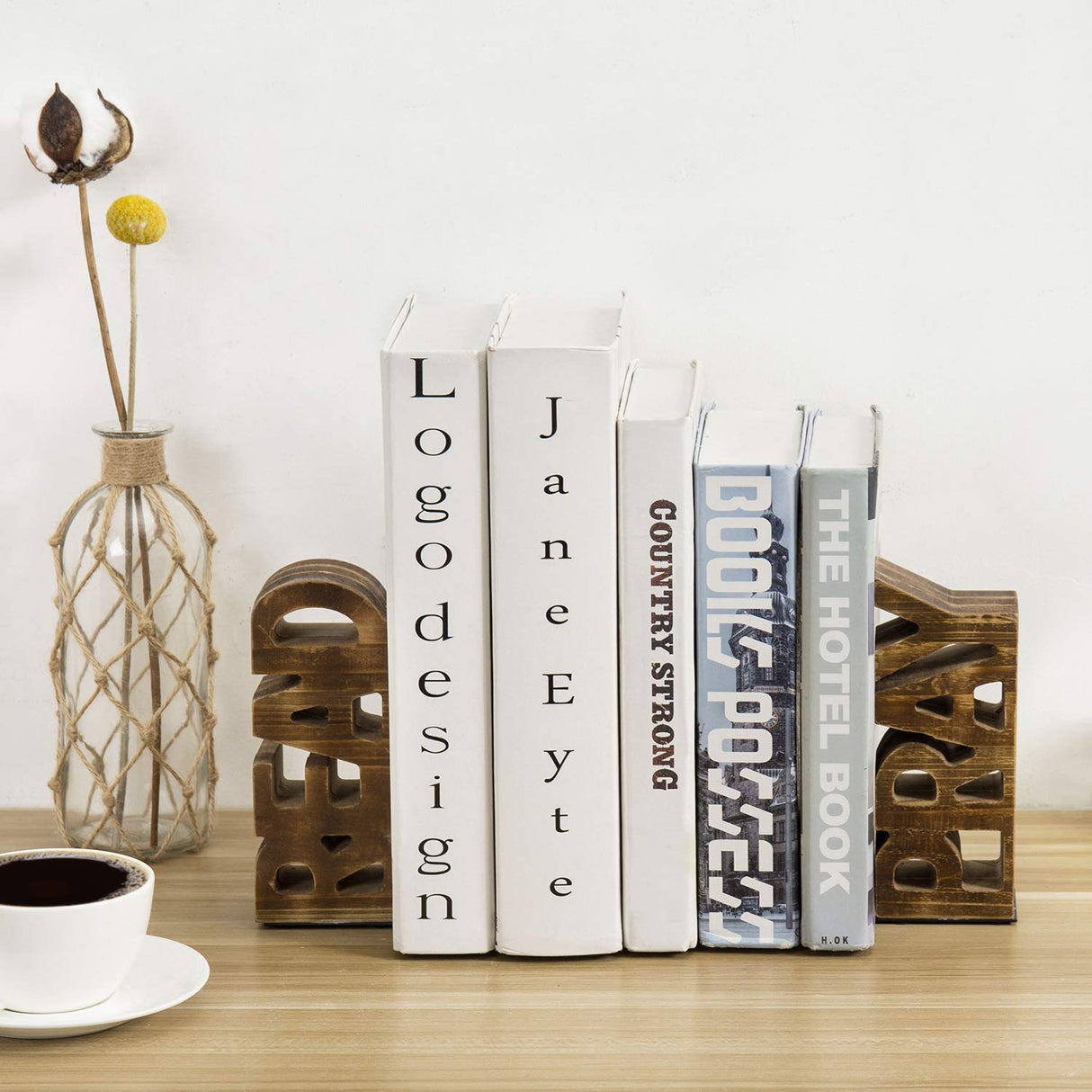MyGift Rustic Burnt Brown Wood Bookends Carved in Read and Pray Block Letters, Decorative Book Stands for Home Library Bookshelf Office Desk, 2 Piece Set MyGift