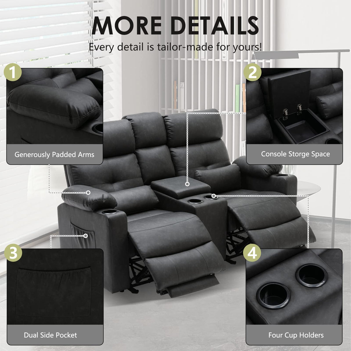 Consofa Power Reclining Loveseat with Console, Power Loveseat Recliner Sofa with Heat and Massage, Extended Footrest, Loveseat Recliner with Cup Holders, Lumbar Support for Living Room, Home Theater Consofa
