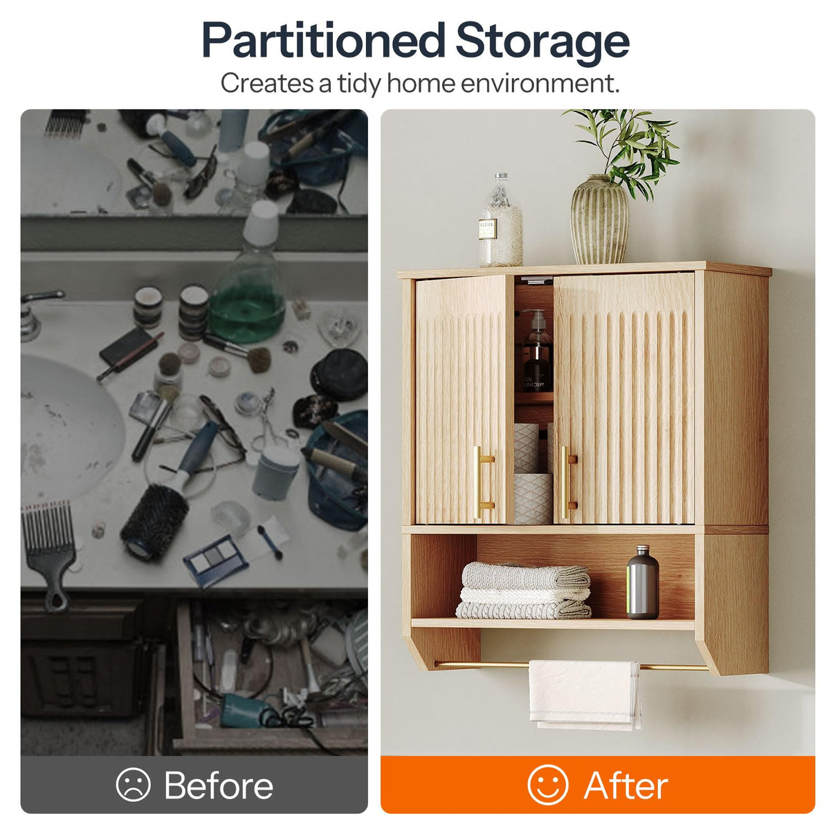 HOOBRO Fluted Bathroom Wall Cabinet, Farmhouse Medicine Cabinet with 2 Fluted Doors, Wall Storage Shelf with Towel Rack, Adjustable Shelf, for Small Spaces, Bathroom, Kitchen, Natural HOOBRO