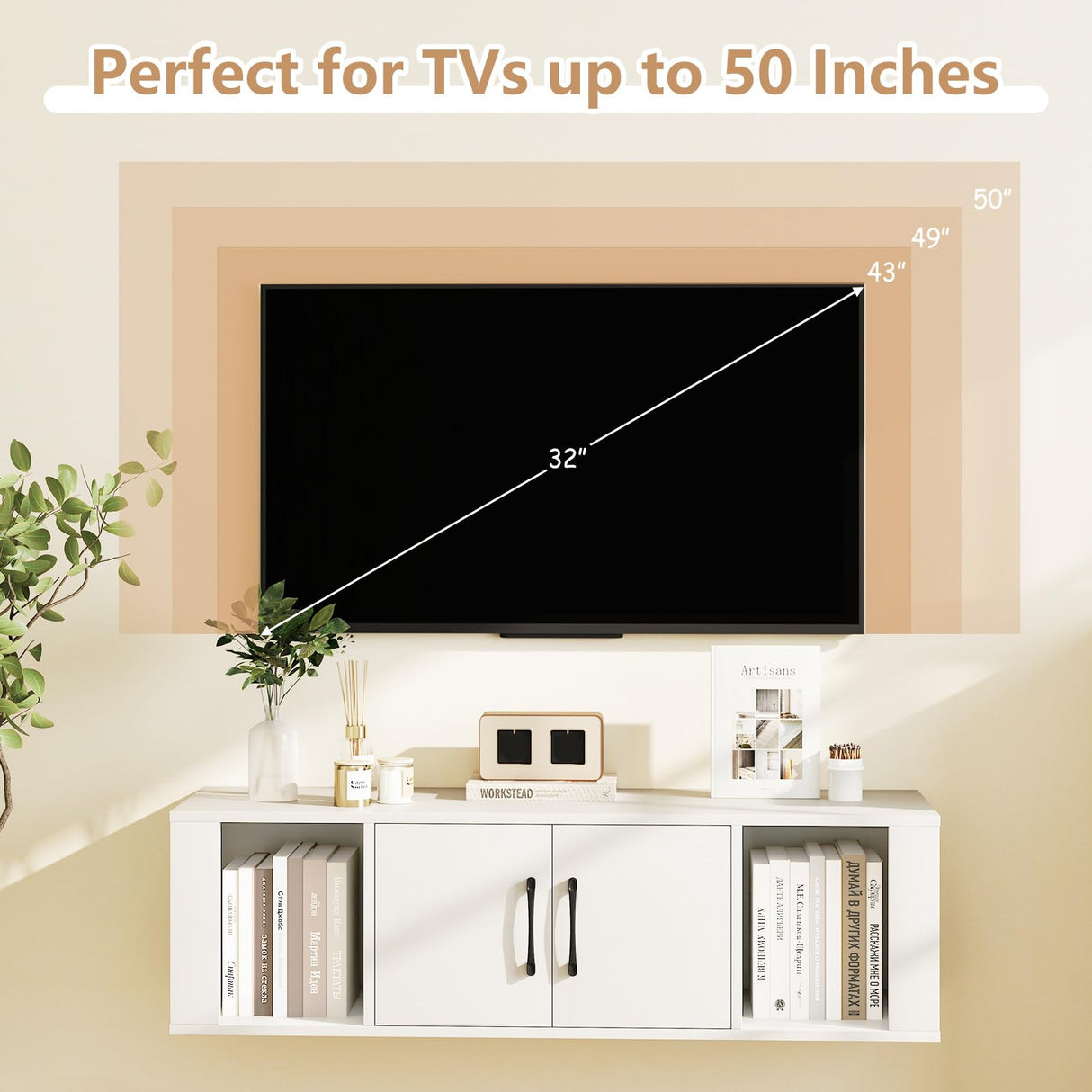 GOFLAME Floating TV Stand, Wall Mounted TV Console Table with Doors, Entertainment Media Center Under TV, Modern TV Cabinet for Living Room, Bedroom, Office, White GOFLAME