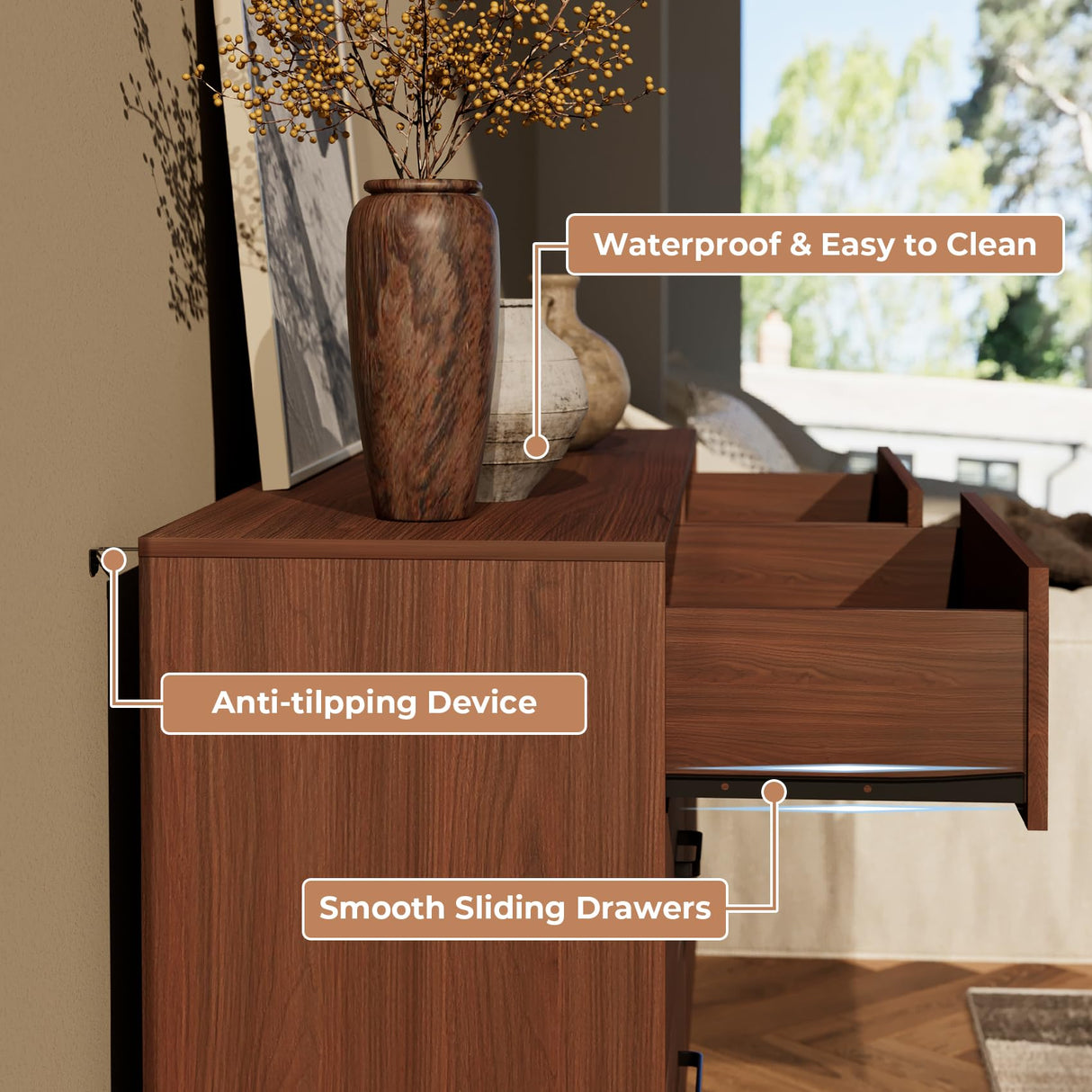 Bigbiglife Wood Dresser for Bedroom with 6 Drawer Mid Century Modern Dresser Double Chest of Drawer (Walnut Brown) Bigbiglife