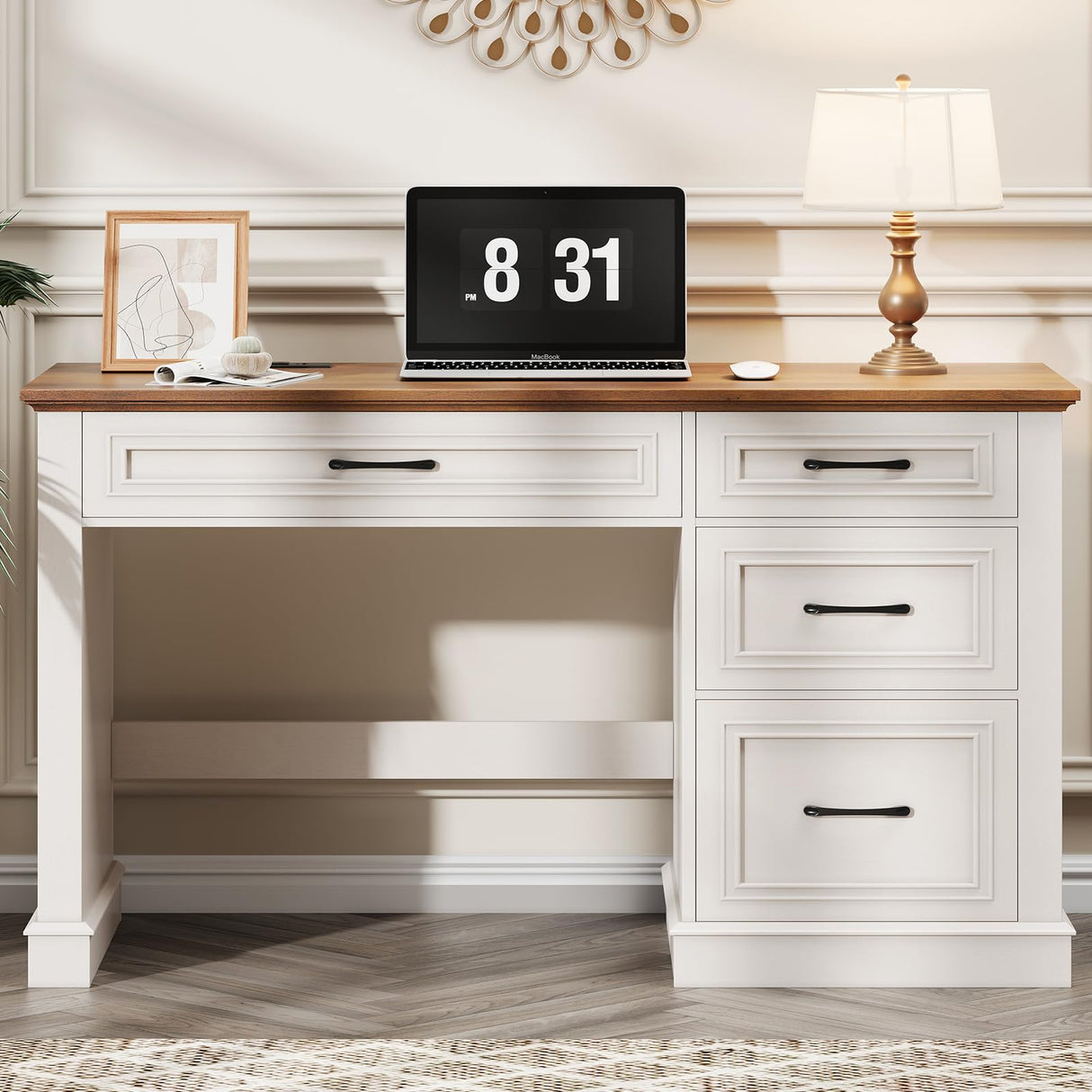 Vabches Farmhouse 47" Executive Desk, Computer Desk with Drawers and File Drawer, Workstation Computer Desk with Charging Station for Home Office,Study,Unique White. Vabches