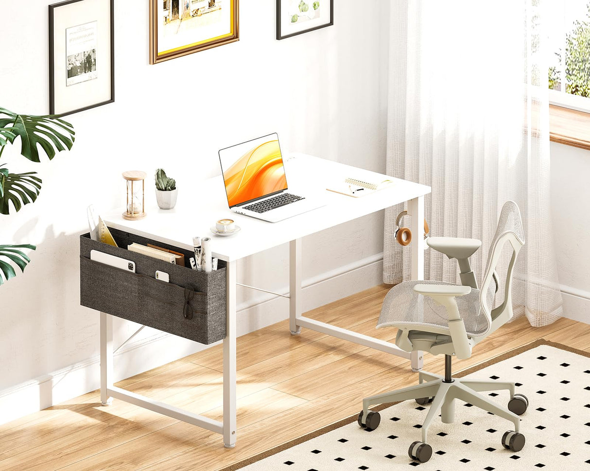 ODK Computer Desk - 40 Inch Office Writing Desk for Home, Student Study Desk with Storage Bag, Headphone Hook & Power Outlets, Modern Simple Table for Bedroom, White ODK