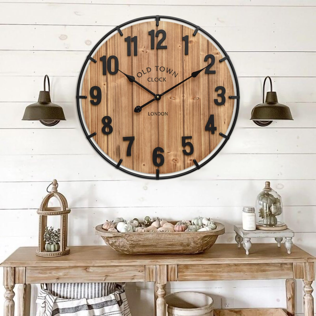 EMAX HOME Large Old Town Farmhouse Wall Clock 24 Inch Rustic Antique Wood with Metal Circle and Large Numerals Silent Battery Operated Wall Clock for Office Kitchen Bedroom Living Room EMAX HOME