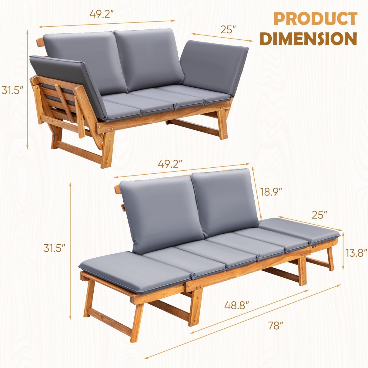 Greesum Patio Convertible Couch Sofa Bed with Adjustable Armrest, Acacia Wood Outdoor Daybed with Cushion & Pillow, Folding Chaise Lounge Bench for Porch Courtyard Poolside,Gray Greesum