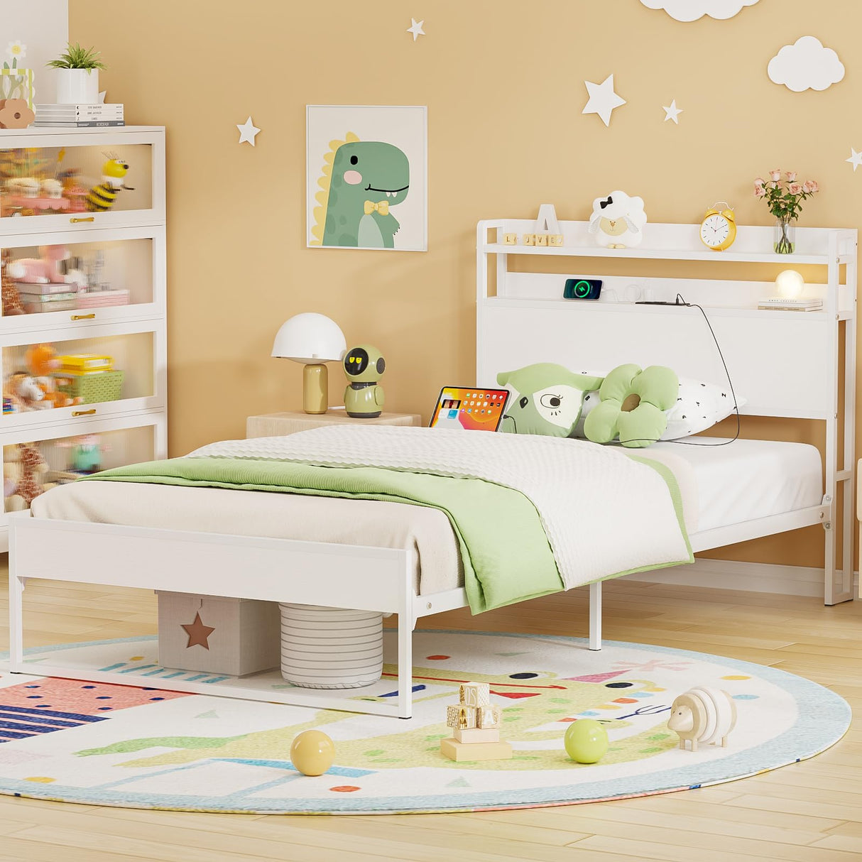 Elephance Twin Bed Frames with Charging Station and Storage Headboard, No Box Spring Needed, Noise Free, Easy Assembly Elephance