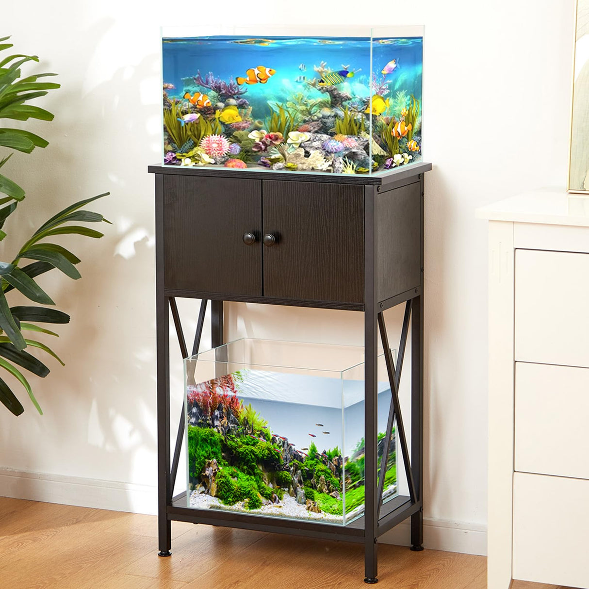 LAQUAL 10 Gallon Fish Tank Stand with Cabinet, Double Aquarium Stand for 10 & 5 Gallon Fish Tank, Heavy Metal Stand with Stable Structure, Adjustable Table Feet & Anti-tilt Device - Black LAQUAL
