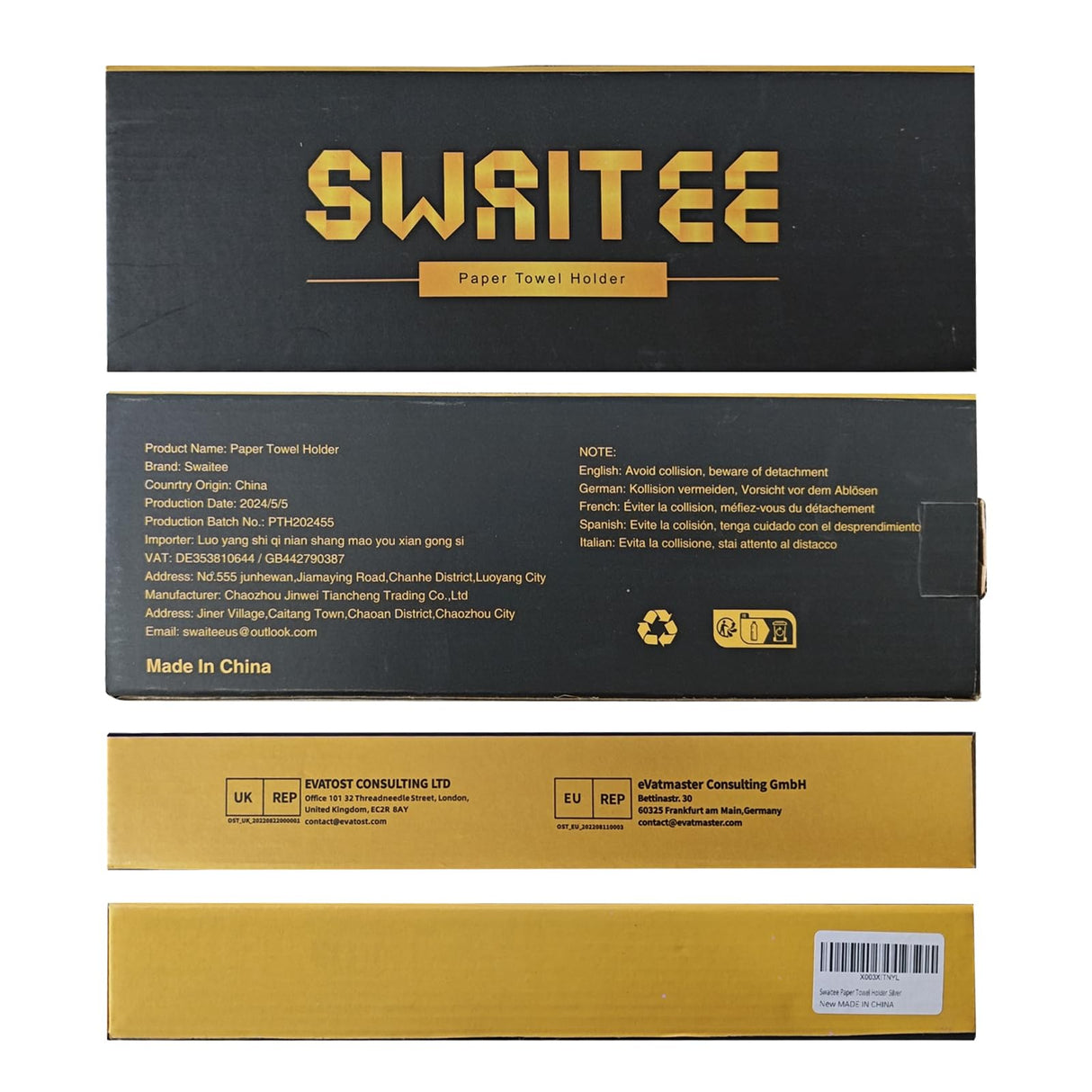 Paper Towel Holder Under Cabinet, One-Handed Tear, Wall Mount, Adhesive, Stainless Steel, Black, Paper Roll Holder with Ratchet Mechanism for Kitchen Bathroom Farmhouse Essentials Decor Accessories Swaitee