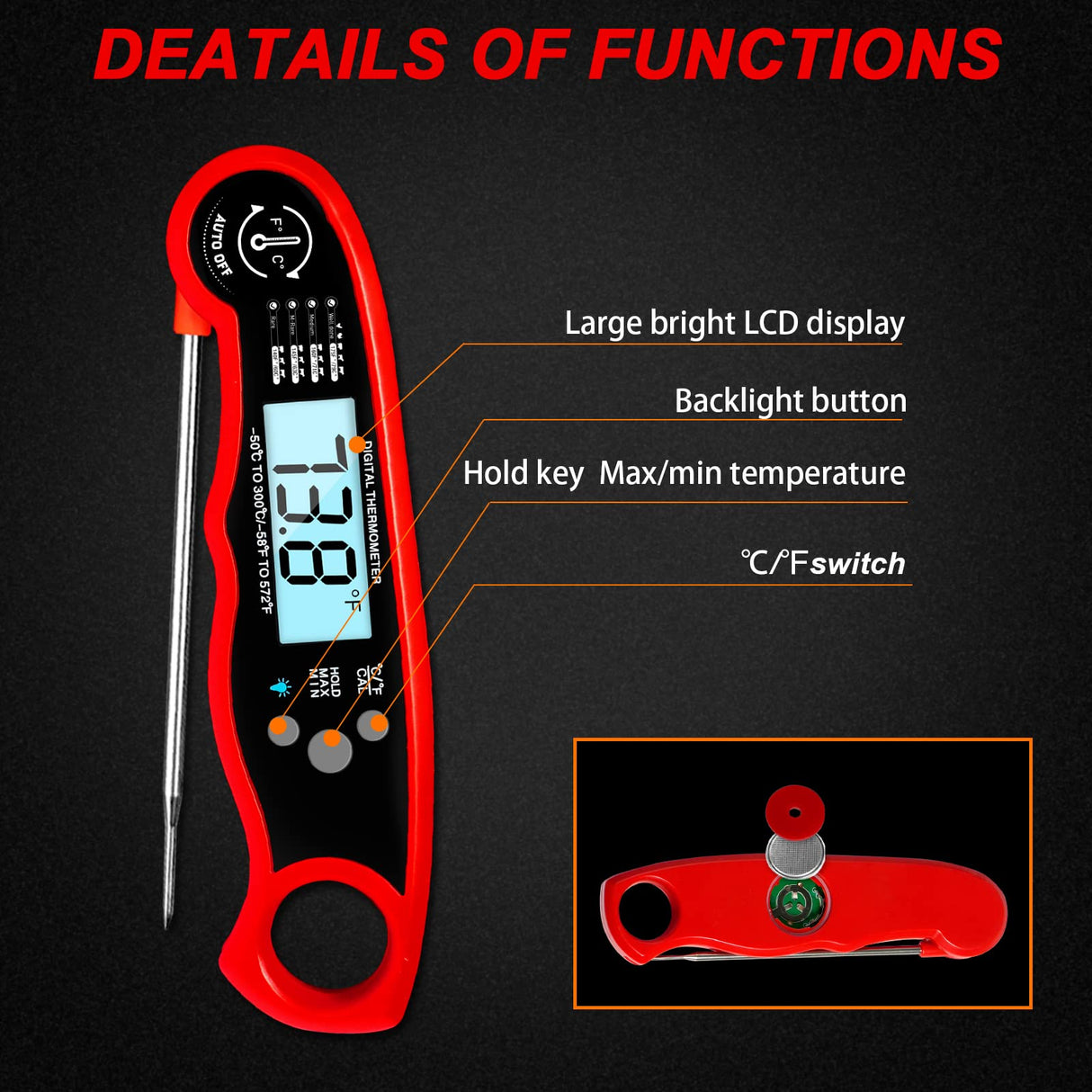 Meat Thermometer Digital for Cooking and Grilling, Collapsible Probe, with Magnet, Calibration, Backlight Waterproof Food Thermometer, Instant Read Thermometer for Kitchen, Meat, Steak, Turkey YPNZXQDX