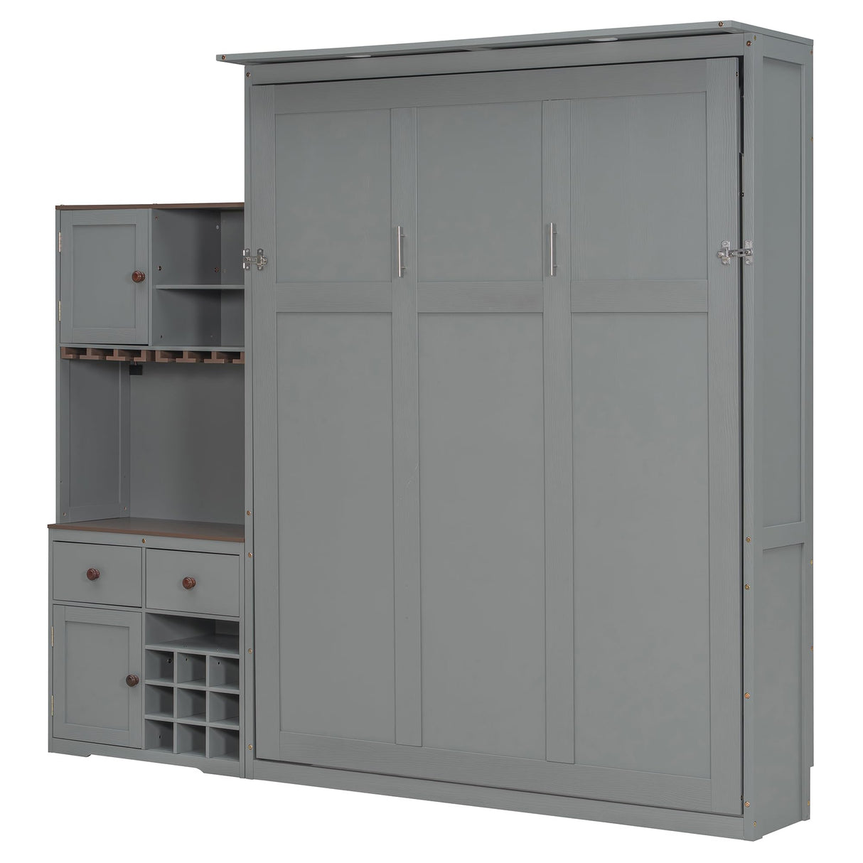 Queen Size Murphy Bed with Storage Cabinet, Wine Rack, Glass Holder, Drawers and Multi-Color LED Strip, Gray Bellemave