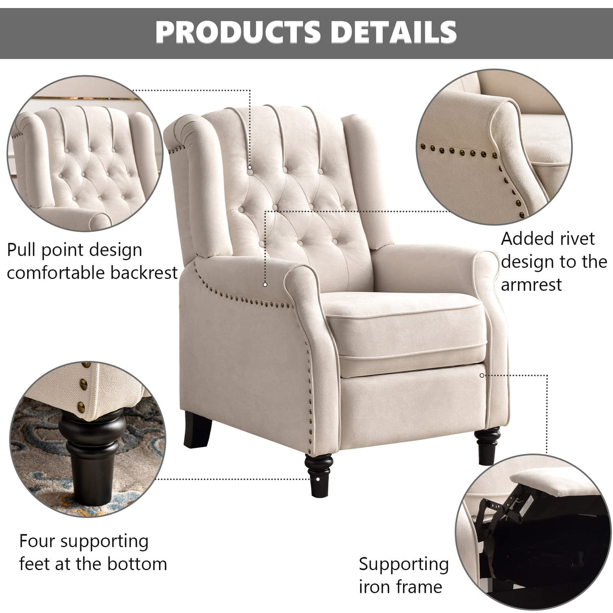 CANMOV Push Back Recliner Chair,Accent Chair,Mid Century Wingback Recliner, Fabric Push Back Recliner Chair Single Armchair Sofa with Rivet Decoration, Button-Tufted Back for Living Room, White CANMOV