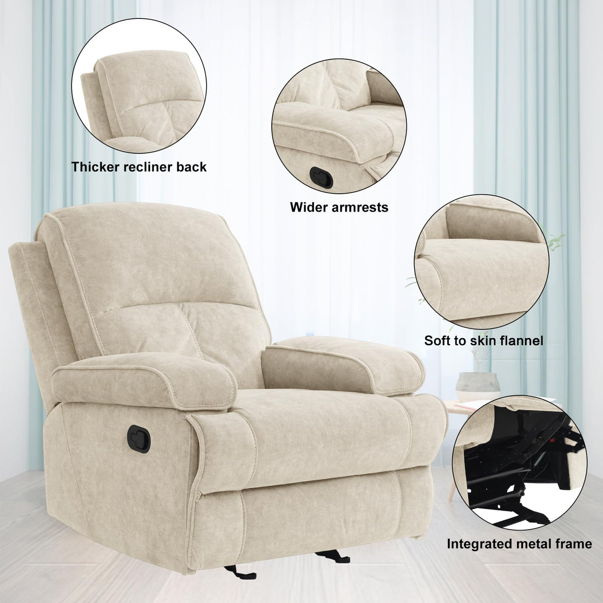 KeyEnergy Manual Rocker Recliner Chair for Adults, High Back Glider with Deep Seat, Upholstered Fabric Armchair for Living Room & Nursery, Beige KeyEnergy