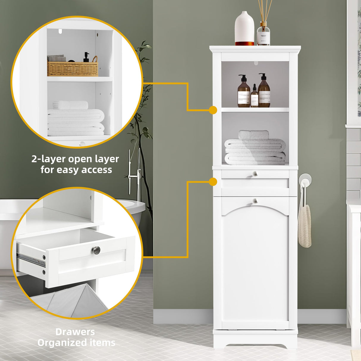 DWVO Tilt Out Laundry Hamper, Laundry Hamper Cabinet with Shelf Hidden Laundry Hamper, Bathroom Hamper with Storage with Removable Laundry Basket and Drawer, White DWVO