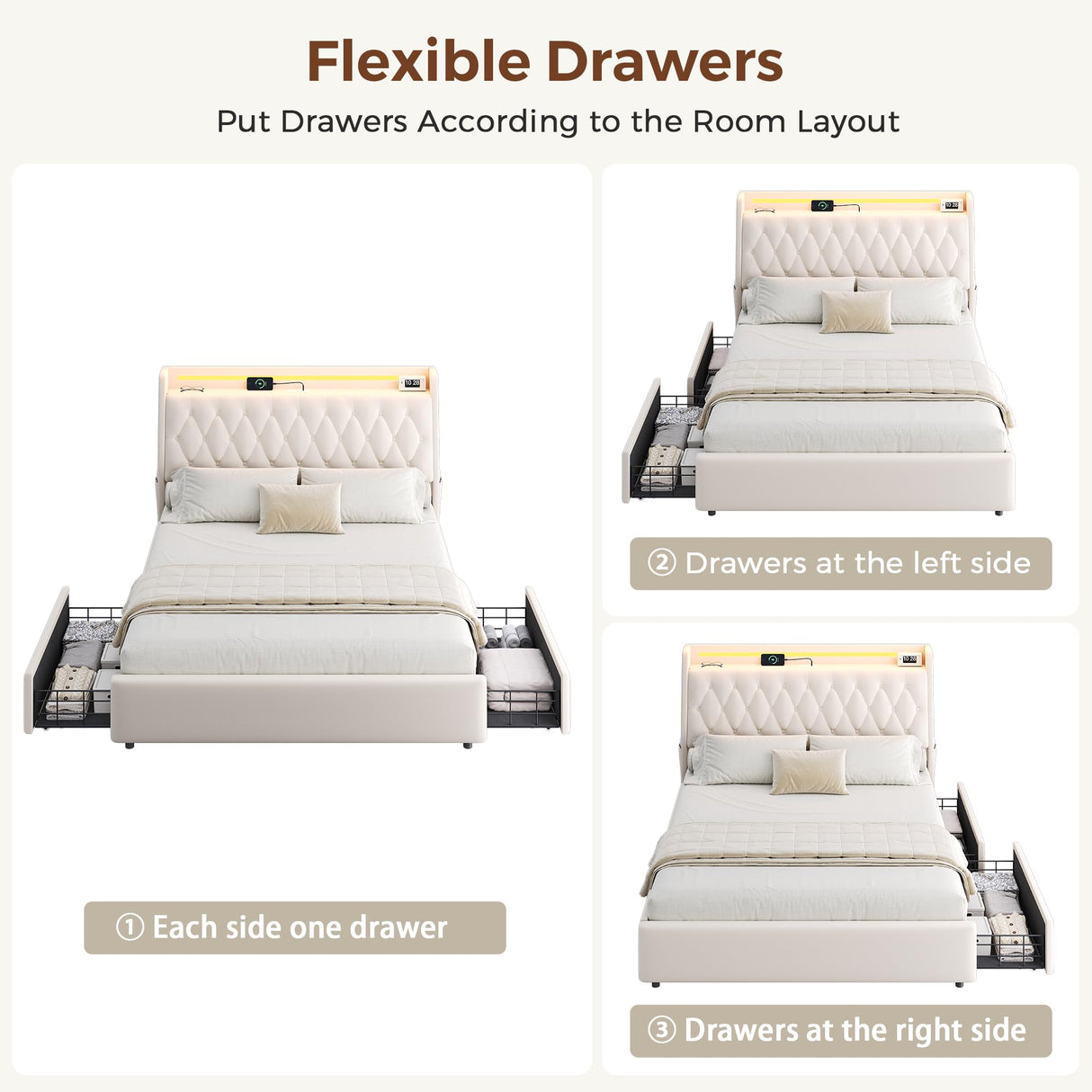 Queen LED Velvet Bed Frame with 2 Storage Drawers&Hidden Headboard, Upholstered Platform Bed with Charging Station&Button Tufted Design, Wooden Slats Support, Box Spring Optional, Easy Assembly, Beige Jocoevol