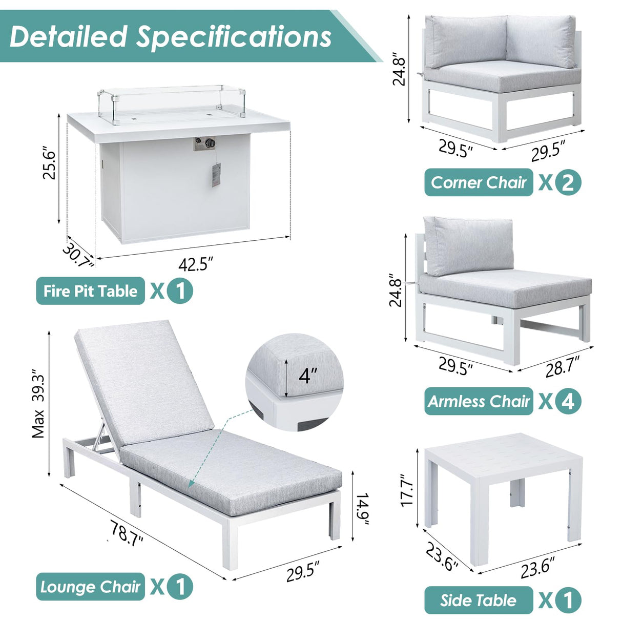 RADIATA 9 Pieces Aluminum Patio Furniture Set with Fire Pit Table, Morden Outdoor Sectional Sofa, Large Conversation Seat with Thick Cushion for Garden Backyard Deck Porch (White) RADIATA