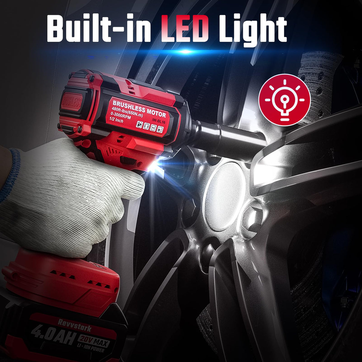 Revvstark Impact Wrench, Max Torque 480 Ft-lbs / 650N.m Cordless 1/2 Impact Driver, 20V 3000RPM Power Impact Gun with 4.0Ah Li-ion Battery and 1.5H Fast Charger, 5 Pcs Impact Sockets Included Revvstark