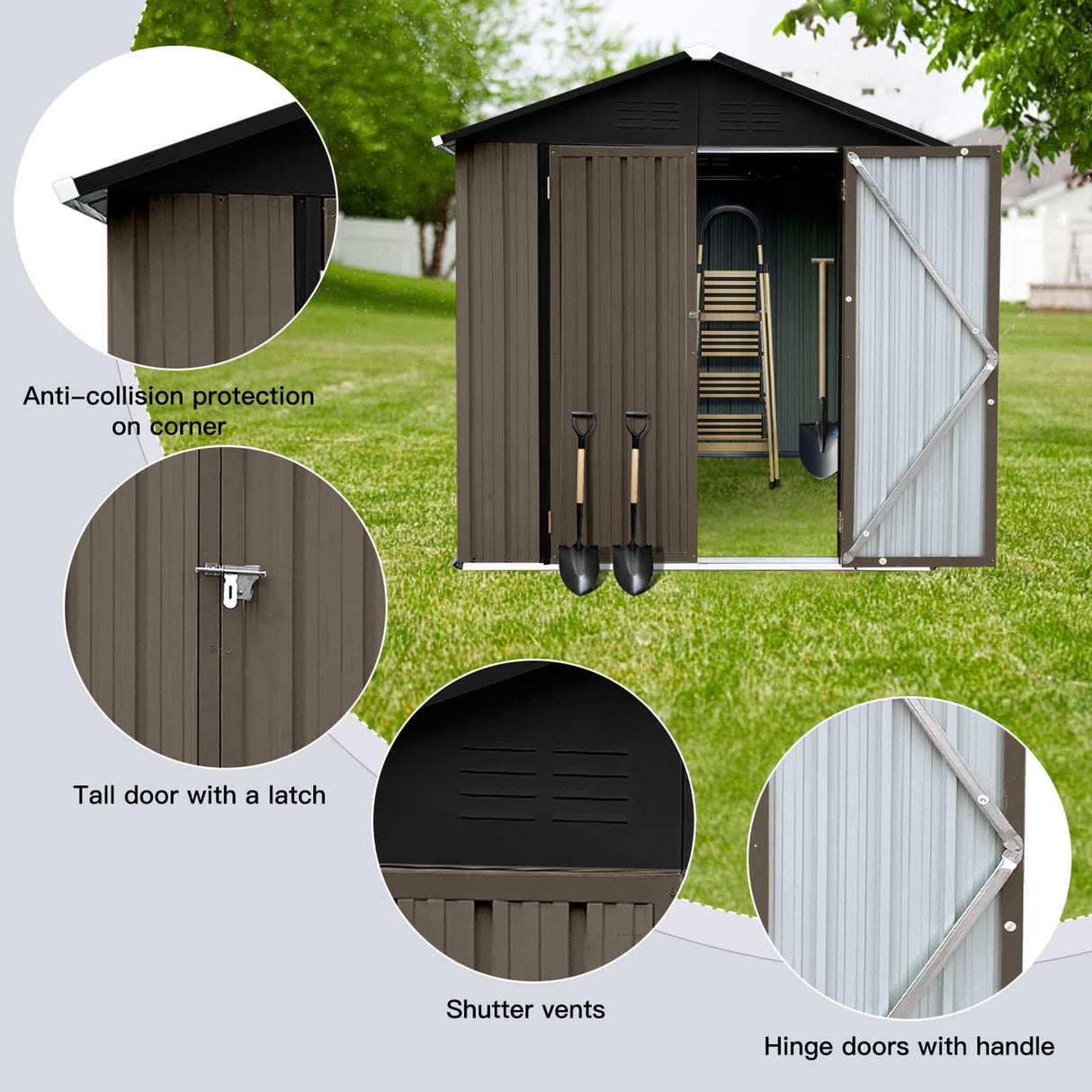 73” Outdoor Storage Cabinet with Lockable Door, 4FTx6FT Metal Storage Shed for Patio Garden, Apex Roof, Easy Assembly (Brown) Nahenduo