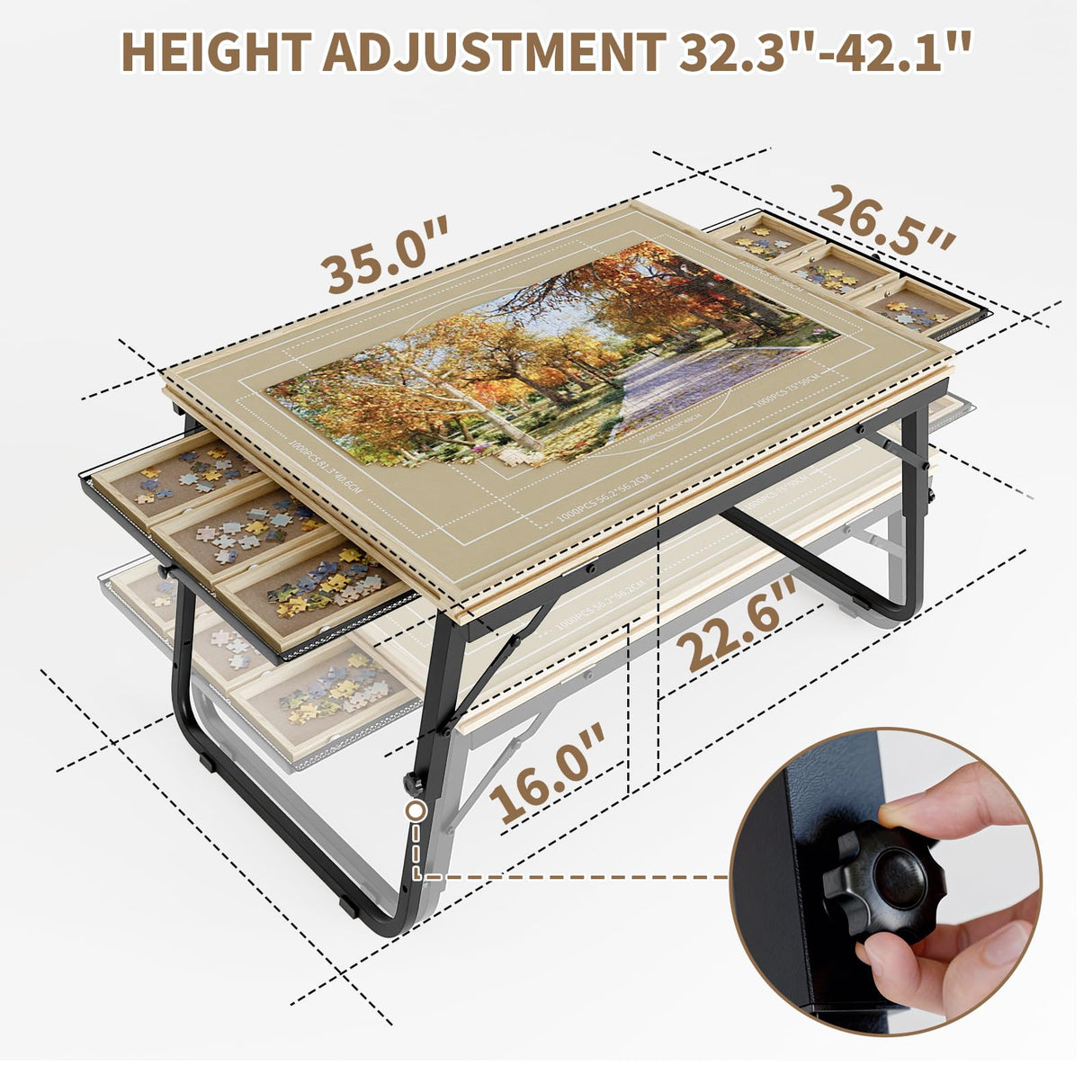 Puzzle Table with Drawers for 1500 Piece Jigsaw Puzzles – Adjustable Tilting Puzzle Board with Folding Legs & 6 Slidable Sorting Trays for Adults, Portable Wooden Puzzle Boards with Protective Cover EVAWOO