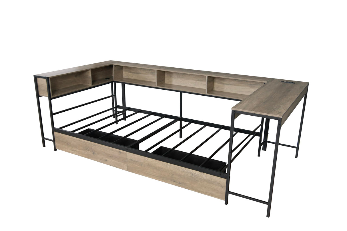 Bellemave Full Corner Bed Frame with Desk and Storage, Full Size Captains Bed with Charging Station and LED Light, Wood Daybeds with L-Shaped Bookcase and 2 Drawers, Grey Bellemave