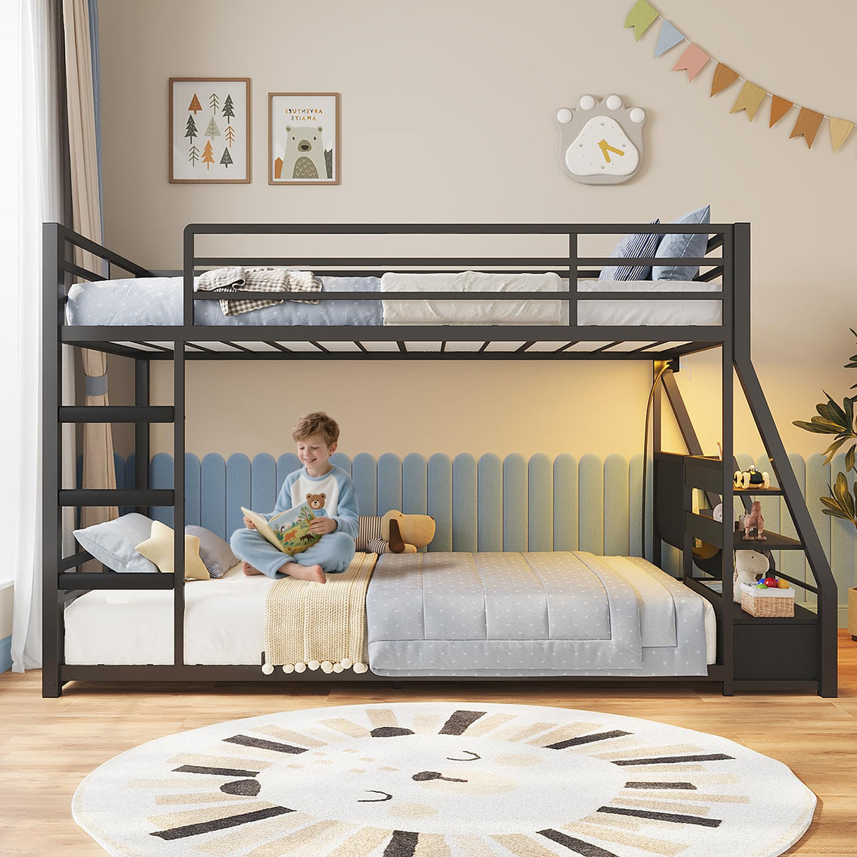 ADORNEVE Low Bunk Bed Twin Over Twin with Storage Bookshelves, 2 Drawers & Power Outlet, LED Metal Floor Bunk with Full-Length Guardrail & Metal Slats, No Box Spring Needed, for Kids, Black ADORNEVE