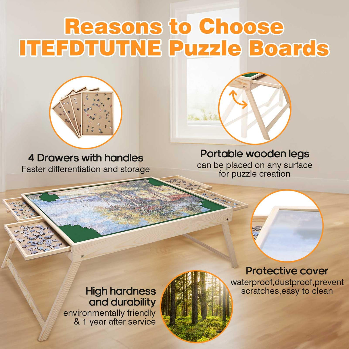 ITEFDTUTNE Jigsaw Puzzle Table with Folding Legs, 34 "x 26" Wooden Puzzle Table with 4 Drawers and Cover, Portable Puzzle Enlightenment Board for Puzzle Storage and Sorting - 1500 Piece ITEFDTUTNE