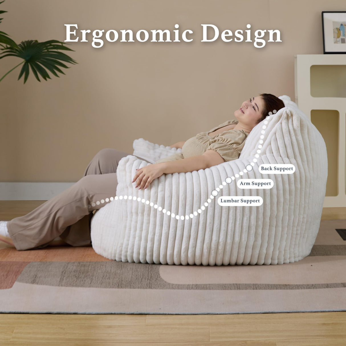 Giant Plush Bean Bag Chair for Adults with Armrests - Oversized Comfy Beige Beanbag Lounge Lazy Floor Sofa Accent Chair for Living Room, Bedroom & Dorm, Cozy Fluffy Single Cloud Mini Couch Gericco