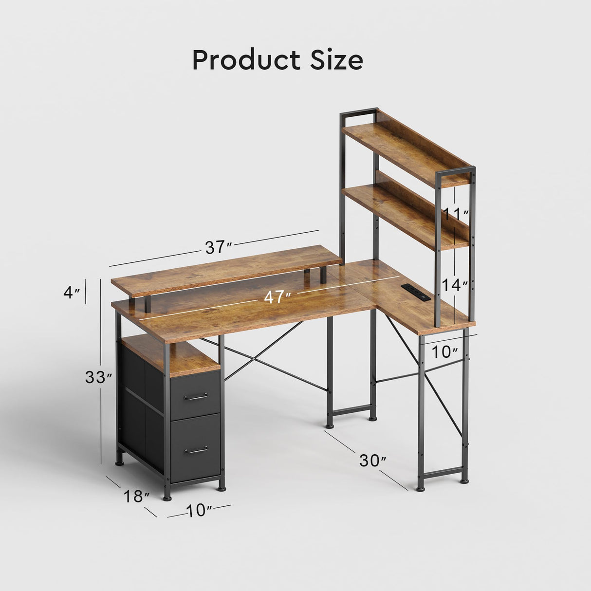 Maihail L Shaped Desk with Shelves,Reversible Computer Desk with LED Lights and Charging Station,Home Office Corner Desk with Monitor Stand,Brown Maihail
