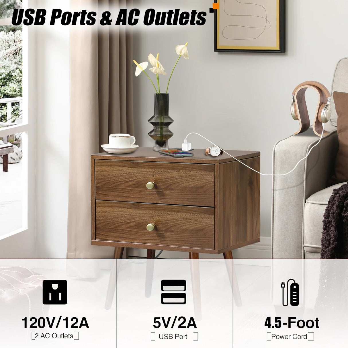 Wooden Nightstand with Wireless Charging and LED Light - 20" W x 14" D x 24" H Mid Century Modern Walnut Nightstand with Charging Station, Large Bedside Table with Storage Drawers, Outlet on Top Caredear