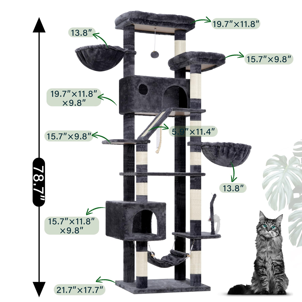 Gitelsnour Cat Tree for Large Cats, 78.7"(200cm) Tall Cat Tower for Indoor Cats Multiple Cats with Large Top Perch, Cat Condo, Cat Hammcok, Cat Scratching Post, Dark Gray GCT031G Gitelsnour