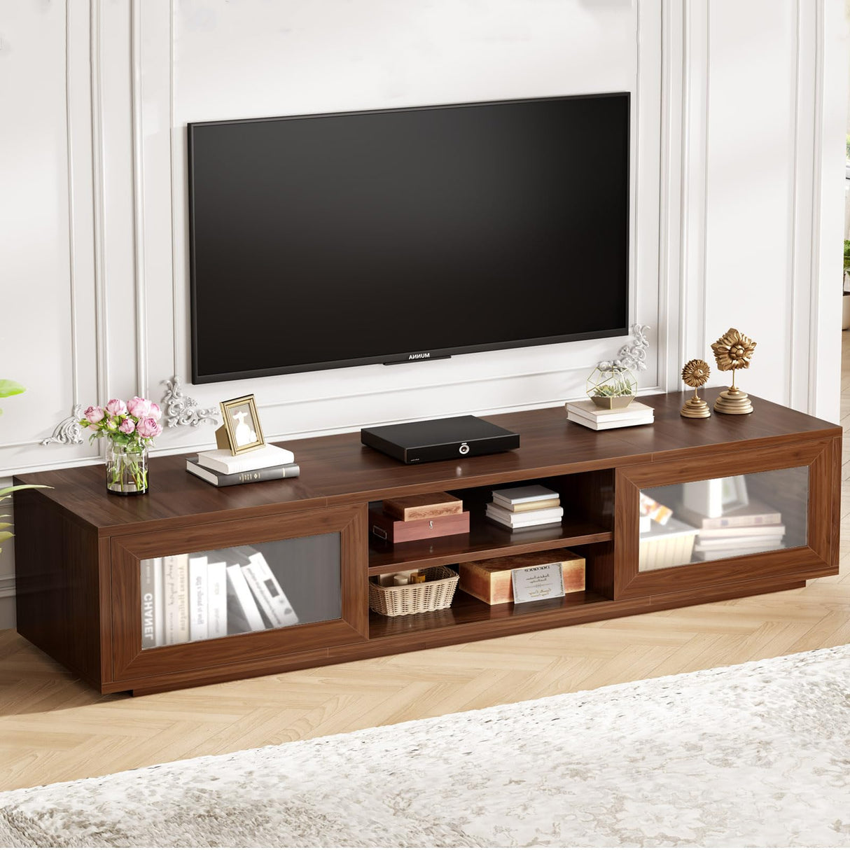 HSH 70" TV Stand for 75 inch TVs,Entertainment Center for Living Room with Storage,Farmhouse Walnut TV Stand Wood with Sliding Doors,Low Media Console Cabinet for Bedroom HSH