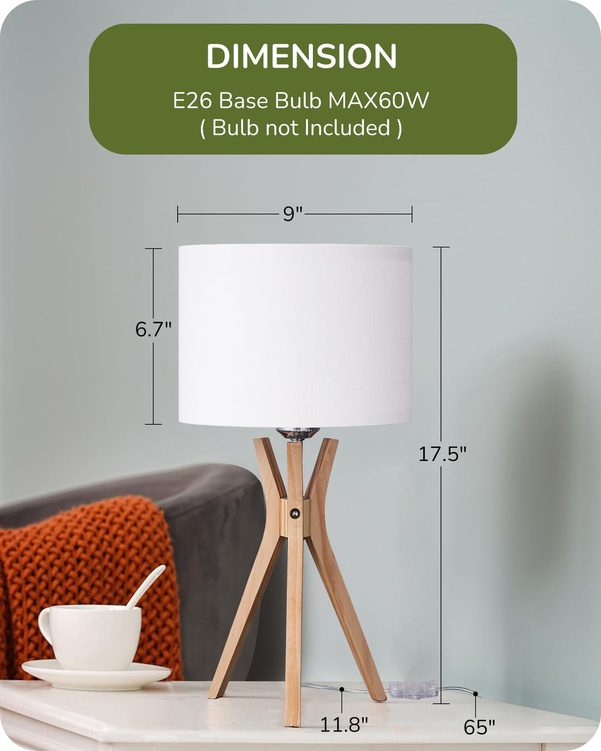 EDISHINE Modern Tripod Table Lamp, 17.5" Bedside Lamp with Natural Wood Light Legs & White Linen Lampshade, Nightstand Lamp for Bedroom, Living Room, Reading Room, E26 Base EDISHINE
