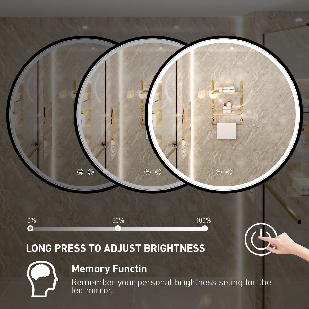 FTOTI 28 Inch LED Black Frame Round Mirror,Round Bathroom Mirror with Light,Anti-Fog & Dimmable Touch Switch, Waterproof IP54,90+ CRI FTOTI