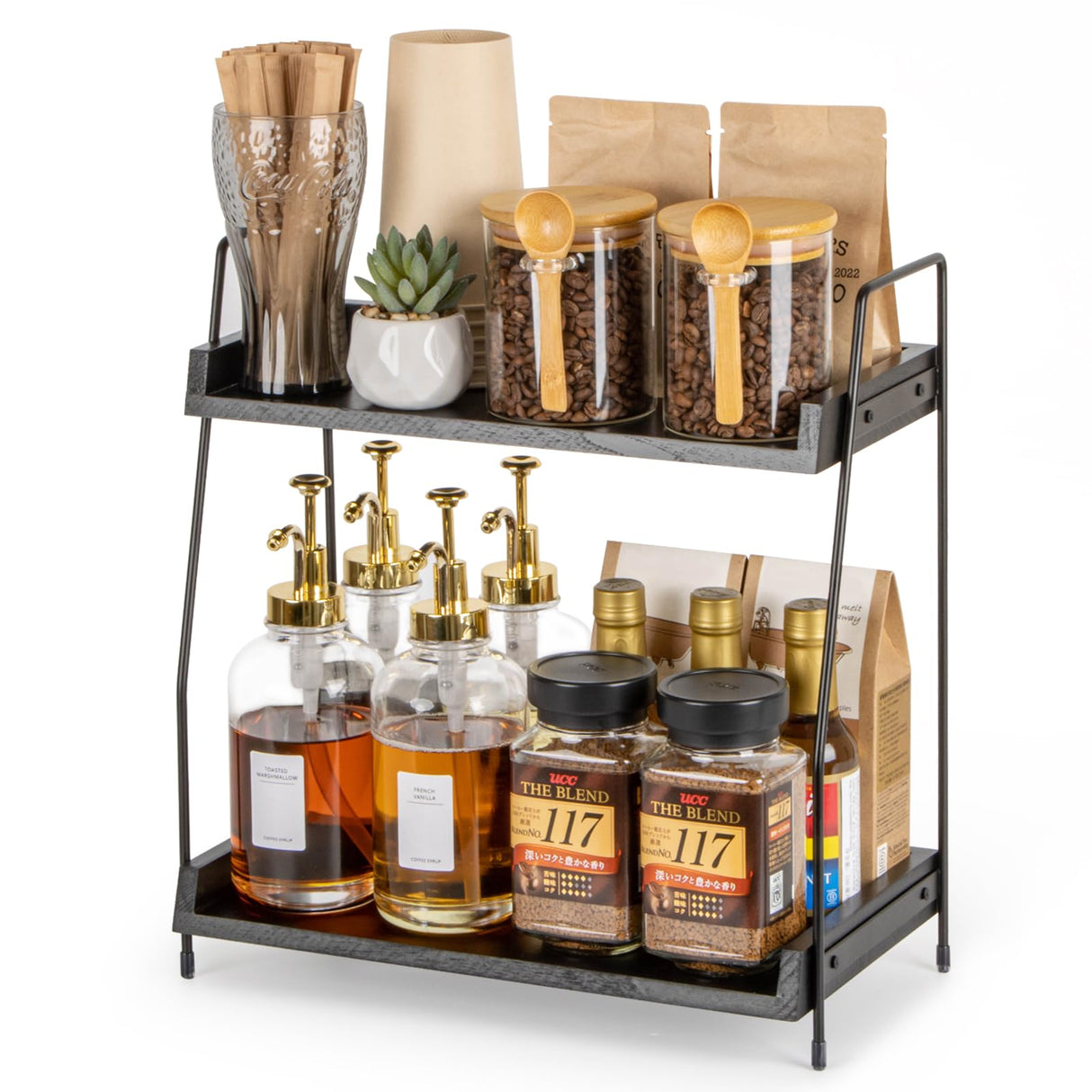 ANBOXIT 2-Tier Coffee Station Organizer, Wooden Kitchen Counter Shelf - Black ANBOXIT