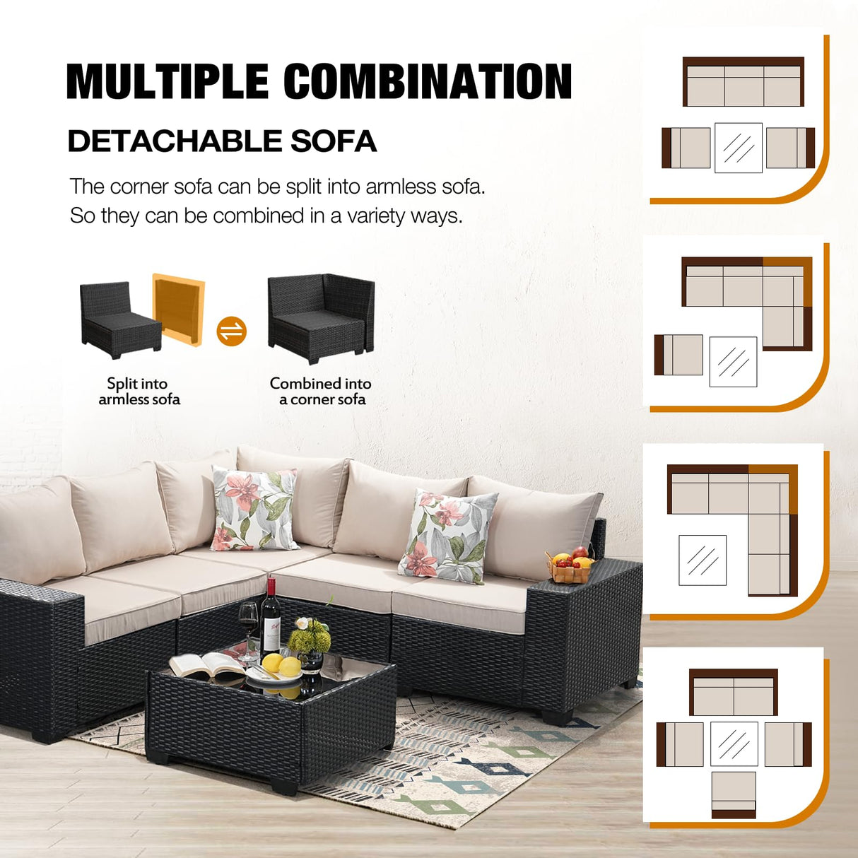 JOYURE 6PCS Patio Furniture Set Outdoor Wicker All-Weather Sectional Conversation Sofa Rattan Patio Seating with Cushion and Glass Table for Porch Poolside,Beige JOYURE