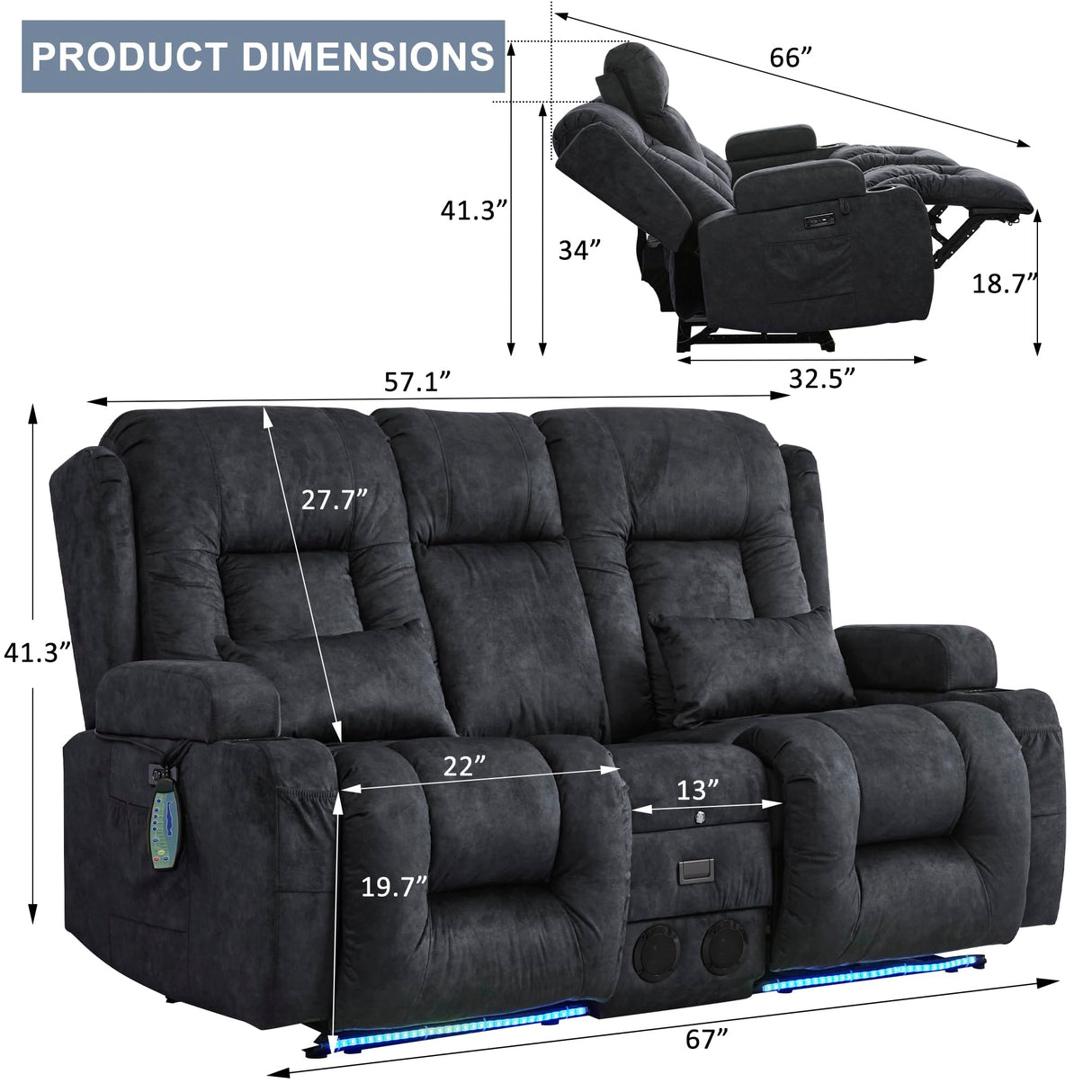 URRED Loveseat Recliner Sofa with Massage and Heat, Power Reclining Loveseat Sofa RV Couch with Console, Home Theater Seating with LED Lights, Bluetooth Speakers, USB, Outlets, Velvet, Dark Grey URRED