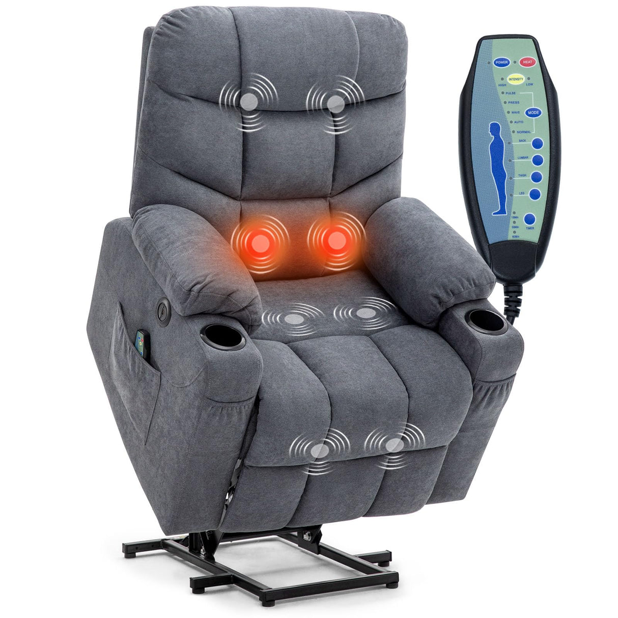 Esright Modern Electric Recliner Chair for Adults, Heavy Duty Power Lift Recliner with Heated Vibration Massage, Side Pockets, USB Charge Port & Cup Holders, Blue Grey Esright