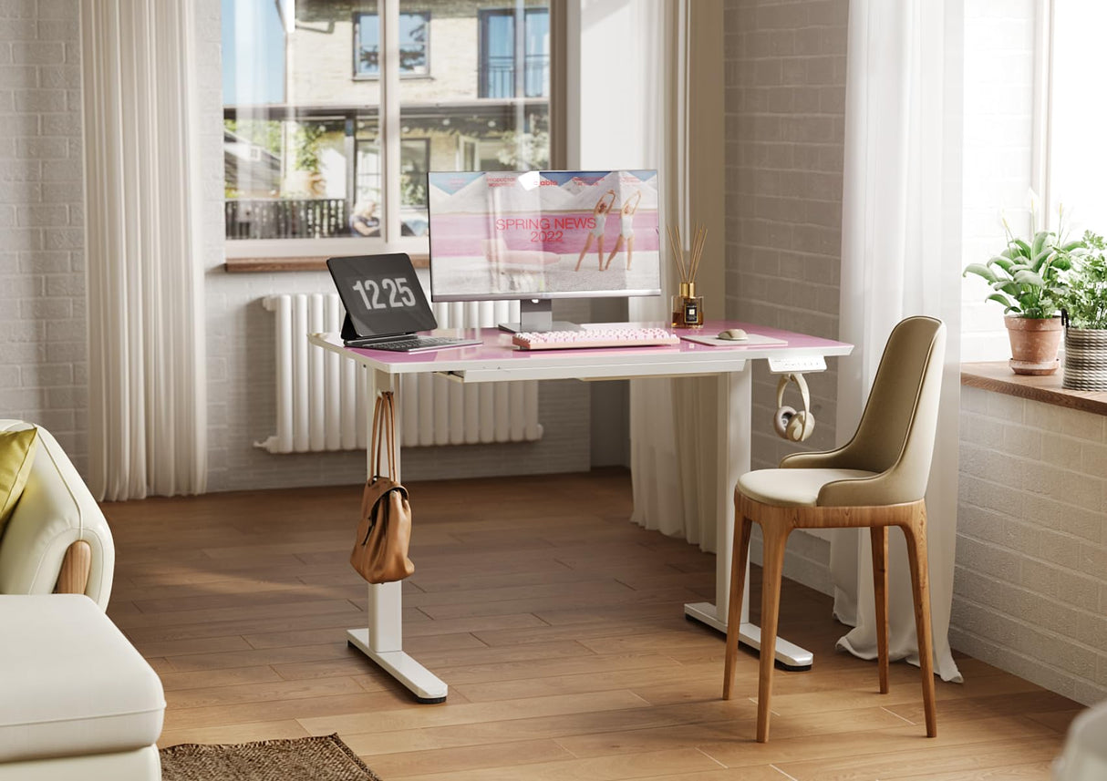 INNOVAR Glass Standing Desk with Drawers, Adjustable Height Electric Stand Up Desk, Small Standing Desk with Storage, 40 inch, Morandi Powder INNOVAR