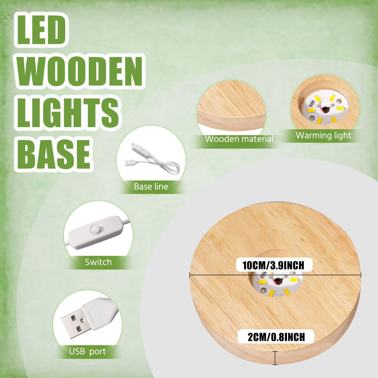 Olutacot 10 Pcs Wooden LED Display Bases Round Wood Display Lighted Bases for Glass Art LED Lighted Display Stand Bases for 3D Crystal Ball Room Office Home Decor Olutacot