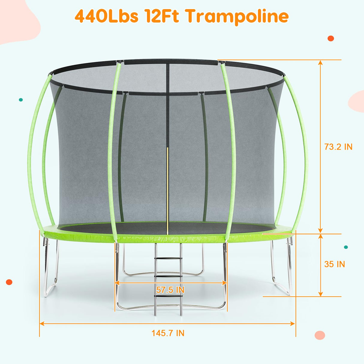 Garveetools Trampoline 10FT 12FT 14FT 16FT with Enclosure & Ladder, ASTM Approved Heavy-Duty Outdoor Recreational Trampoline for Kids Adults, 440LB Capacity (Green, 12FT) Garveetools