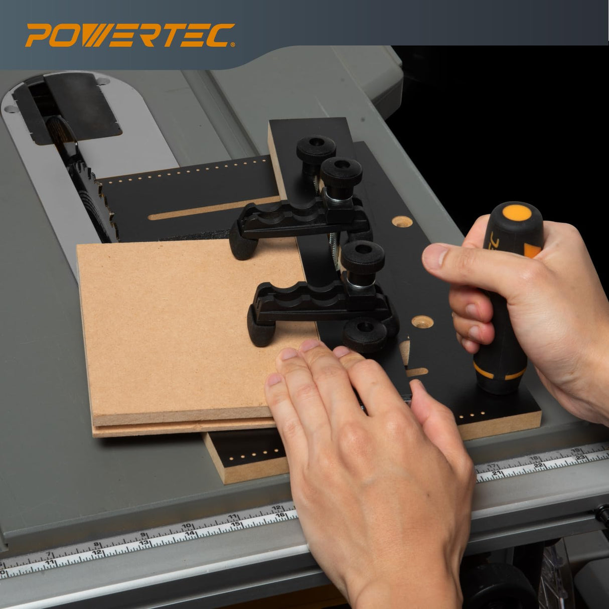 POWERTEC Table Saw Tapering Jig, Small Parts Taper Jig with 3/4" x 3/8" Miter Bar, Adjustable Hold Down Clamp, Non-Slip Grip Strips, Ergonomic Handle - Table Saw Jig Accessories (71875) POWERTEC