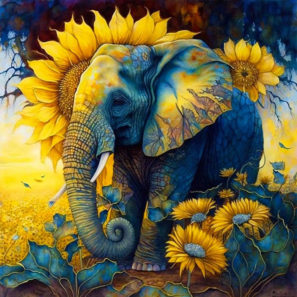 Stalente Diamond Painting Kits for Adults, Elephant Round Full Drill Diamond Art Kits, 5D DIY Paint with Diamonds Crafts for Home Wall Decoration Gifts 12×12Inch, Sunflower Stalente