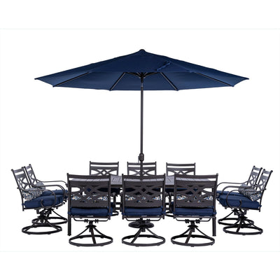 Hanover Montclair 11-Piece Outdoor Dining Set, All-Weather Outdoor Patio Dining Set, 10 Swivel Rocker Chairs with Seat and Lumbar Cushions, 84"x60" Stamped Rectangle Table, Umbrella, and Umbrella Base