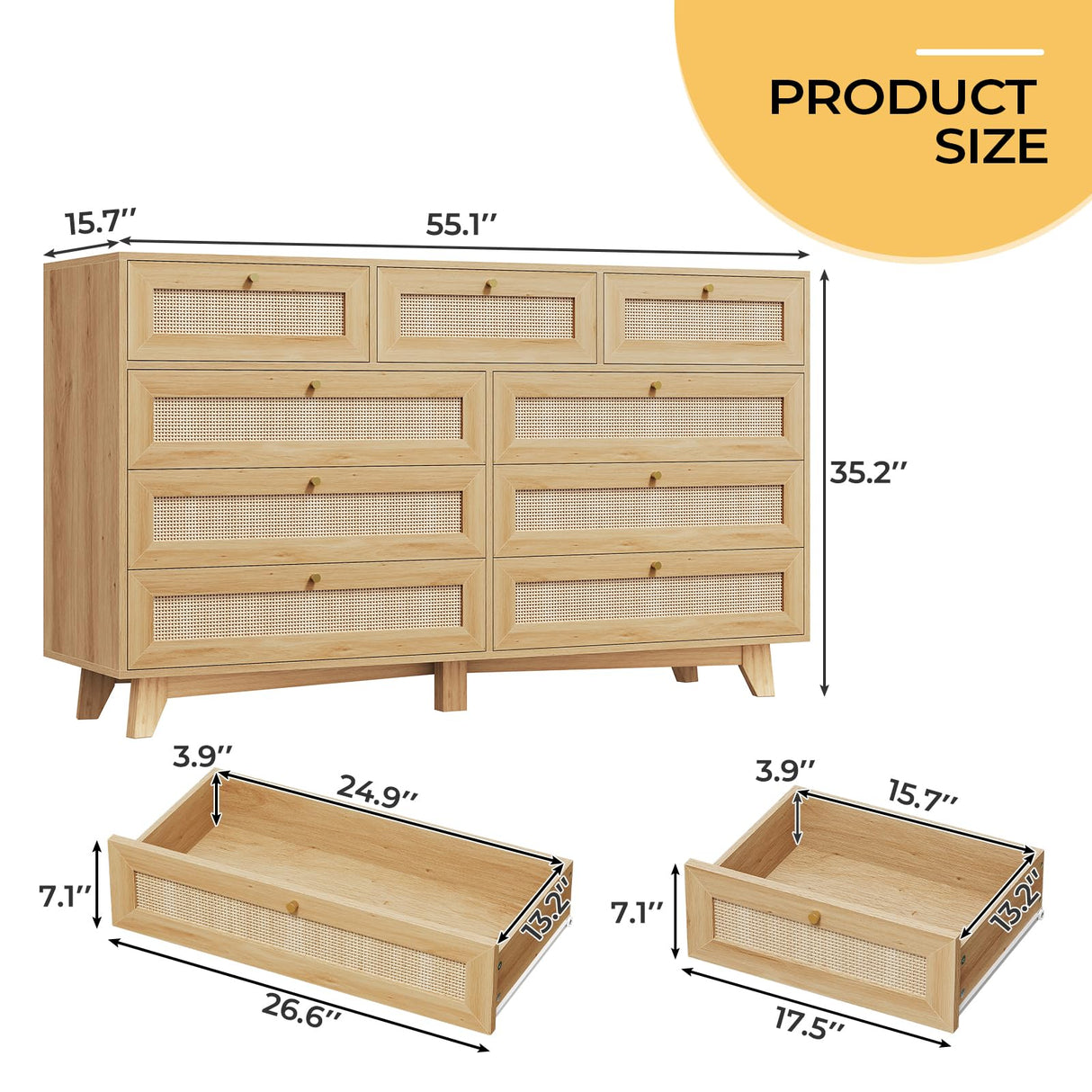 AOGLLATI Rattan Dresser for Bedroom with 9 Drawer, Modern Wooden Long Bedroom Dresser, Chest of Drawers with Metal Handle & Solid Wood Legs for Bedroom/Living Room, Wood AOGLLATI