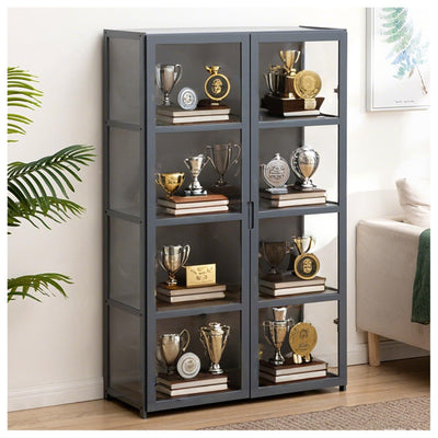 Display Cabinet with Acrylic Doors for Collectibles 4 Tier 3 Tier Small Curio Cabinet Display Case for Figures Wood Storage Cabinet for Bedroom Living Room Playroom Kitchen,Gray,4 Tier_Double Door