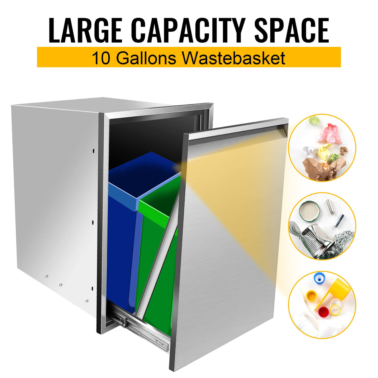 KODOM Built-in Double Trash Drawer 20" W x 27" H x 24" D Pull-Out Tray Outdoor Kitchen Stainless Steel Trash Drawer Storage Two Trash Bins for BBQ Island Grill Station KODOM