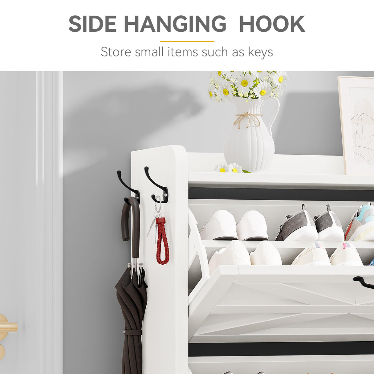 DWVO Farmhouse Shoe Storage Cabinet with 3 Flip Drawers, Slim Shoe Cabinet for Up to 24 Pairs, Narrow Shoe Rack for Entryway, Living Room, Hallway (White) DWVO