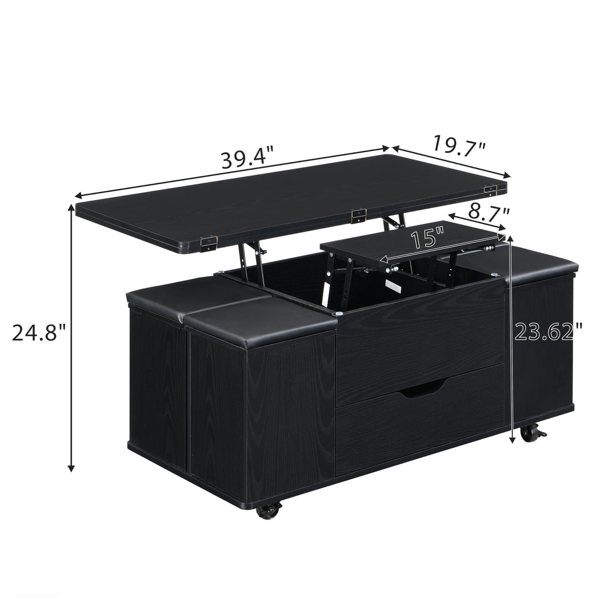 Christopher Knight Home Lucid Wooden Lift Top Coffee Table with Hidden Storage and 4 Stools, Center Table for Living Room with Compartment/Drawer, Multifunctional Table with Casters, Black Christopher Knight Home