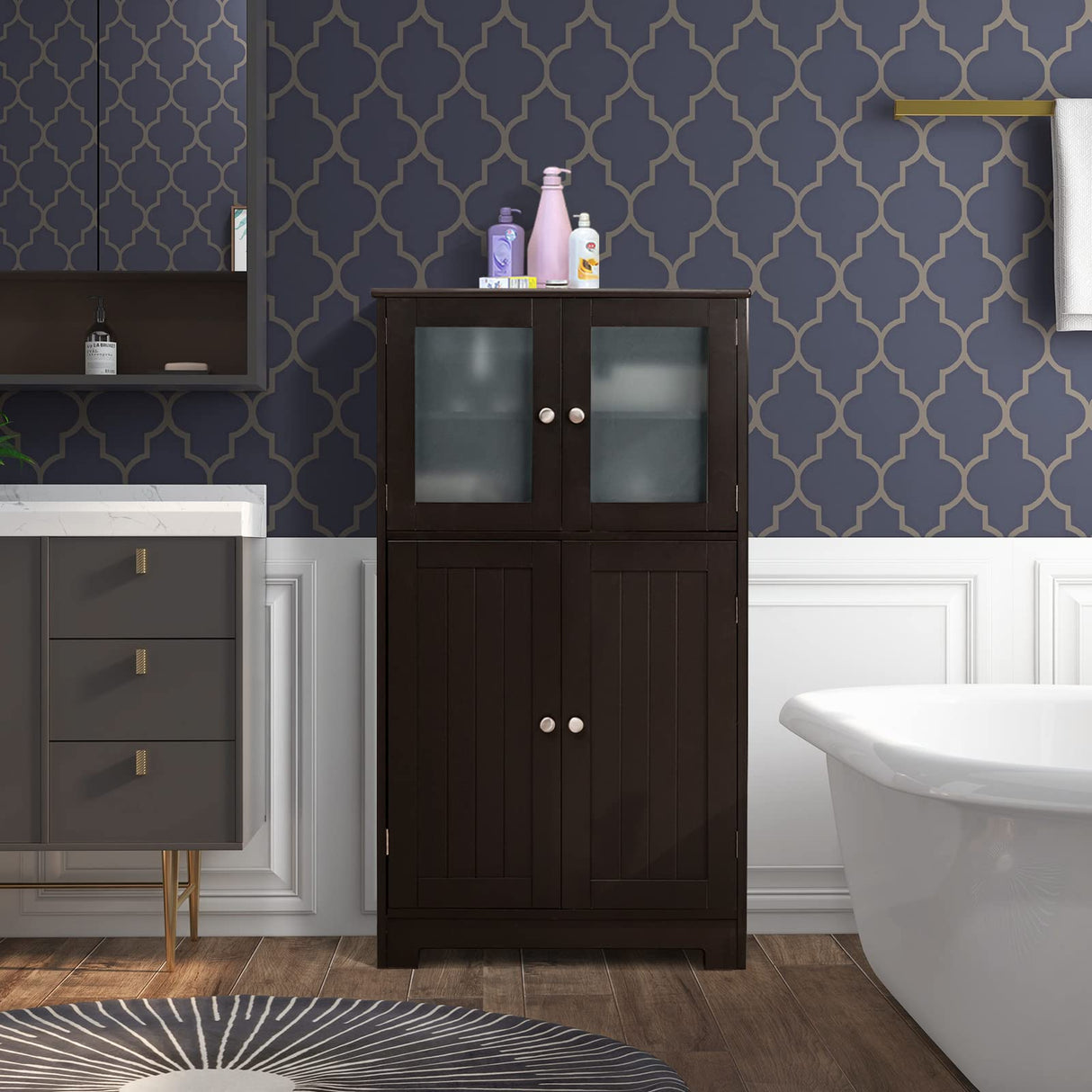 Tangkula Brown Freestanding Bathroom Floor Cabinet with Glass Doors and Adjustable Shelf Tangkula